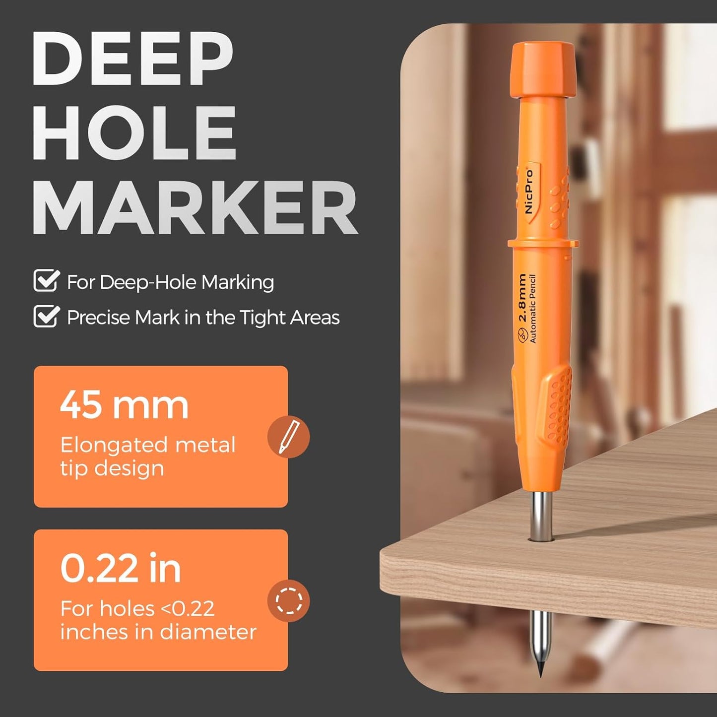 Nicpro CP3000 Carpenter Pencil with Sharpener, 2.8mm Mechanical Pencils with 19 Refill, Deep Hole Marker for Construction, Heavy Duty Woodworking Pencil, Carpenter Tools for Architect Marking (Orange)