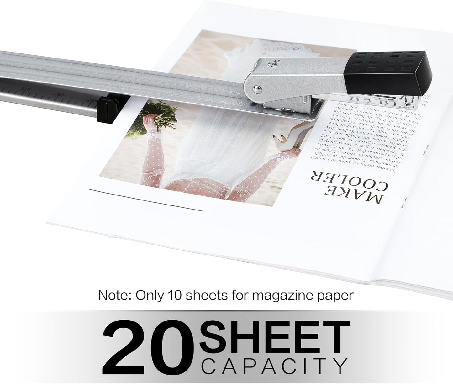 Deli Long Reach Stapler with 1000 Staples, 20 Sheet Capacity, Long Arm Standard Staplers for Booklet or Book Binding, Silver