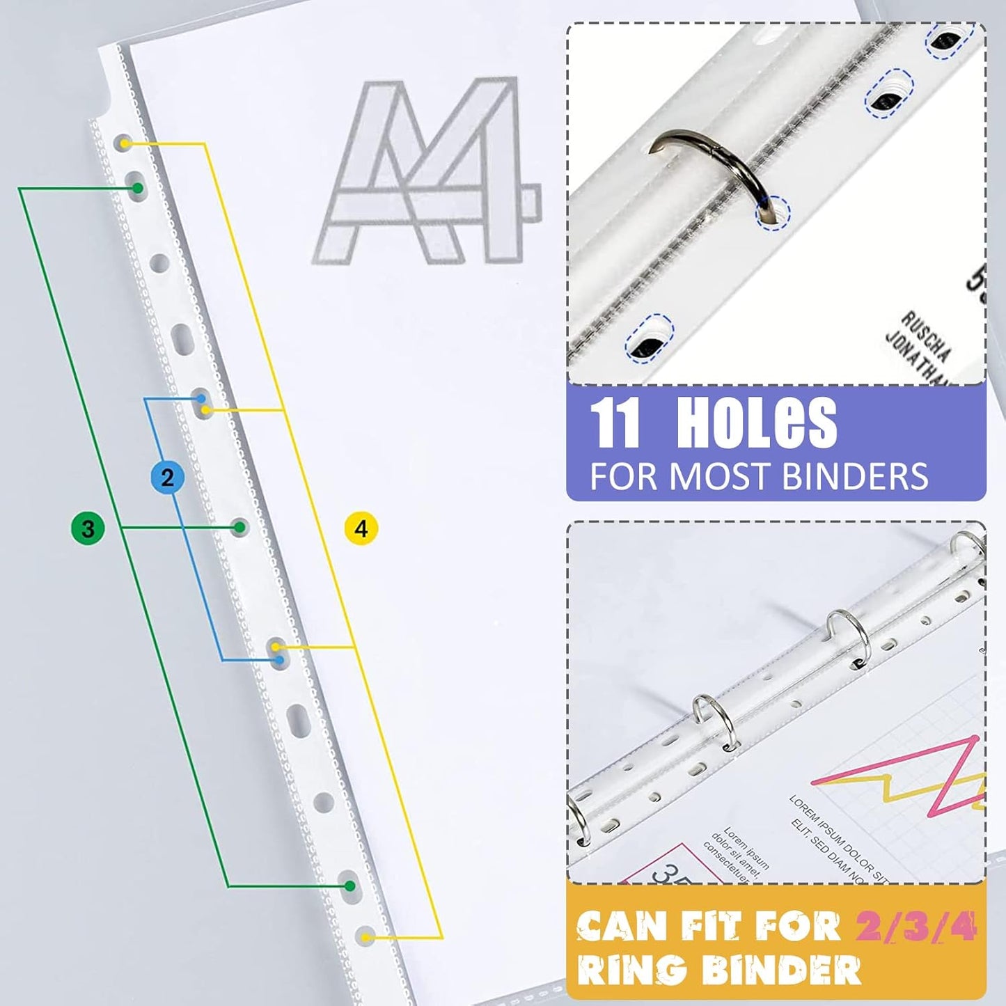 5 Set of 40 Pack A4 Plastic Sleeves Binder Index Dividers Pocket Dividers for 2/3/4 Ring Binder with 8 Tabs，Clear Plastic Sheet Protectors Paper Organizer for School Home Office