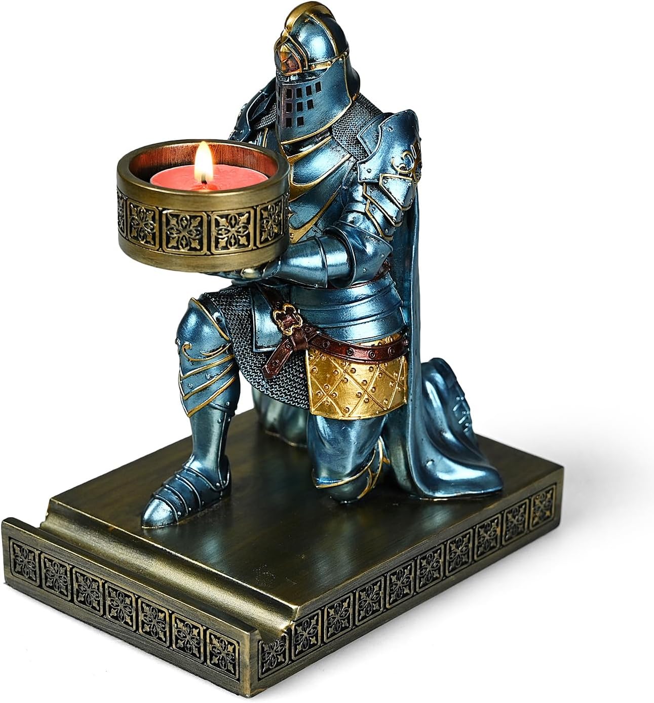King's Guard Kneeling Knight Candlestick Holders Resin Posture TeaLight Holder Warrior Mobile Phone Stand Pen Holder Candle Holder for Restaurant, Altar, Home Table(Blue)