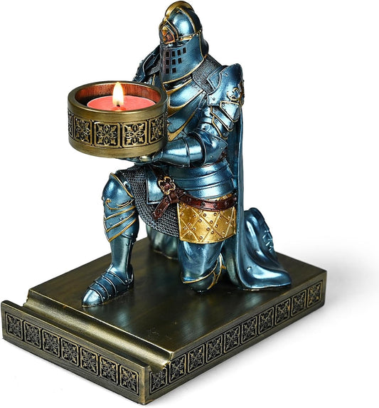 King's Guard Kneeling Knight Candlestick Holders Resin Posture TeaLight Holder Warrior Mobile Phone Stand Pen Holder Candle Holder for Restaurant, Altar, Home Table(Blue)