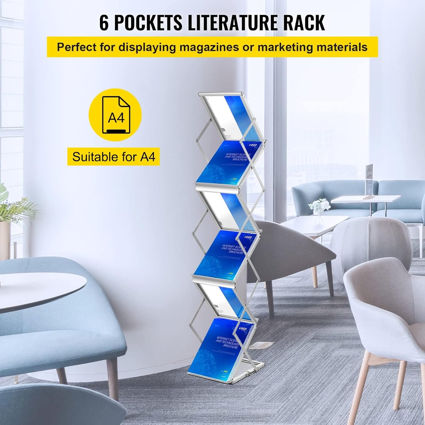 VEVOR Literature Rack, 6 Pockets, Pop up Aluminum Magazine Rack, Lightweight Catalog Holder Stand w/Carrying Bag for Living Room, Hotel, Trade Show, Exhibition, Office