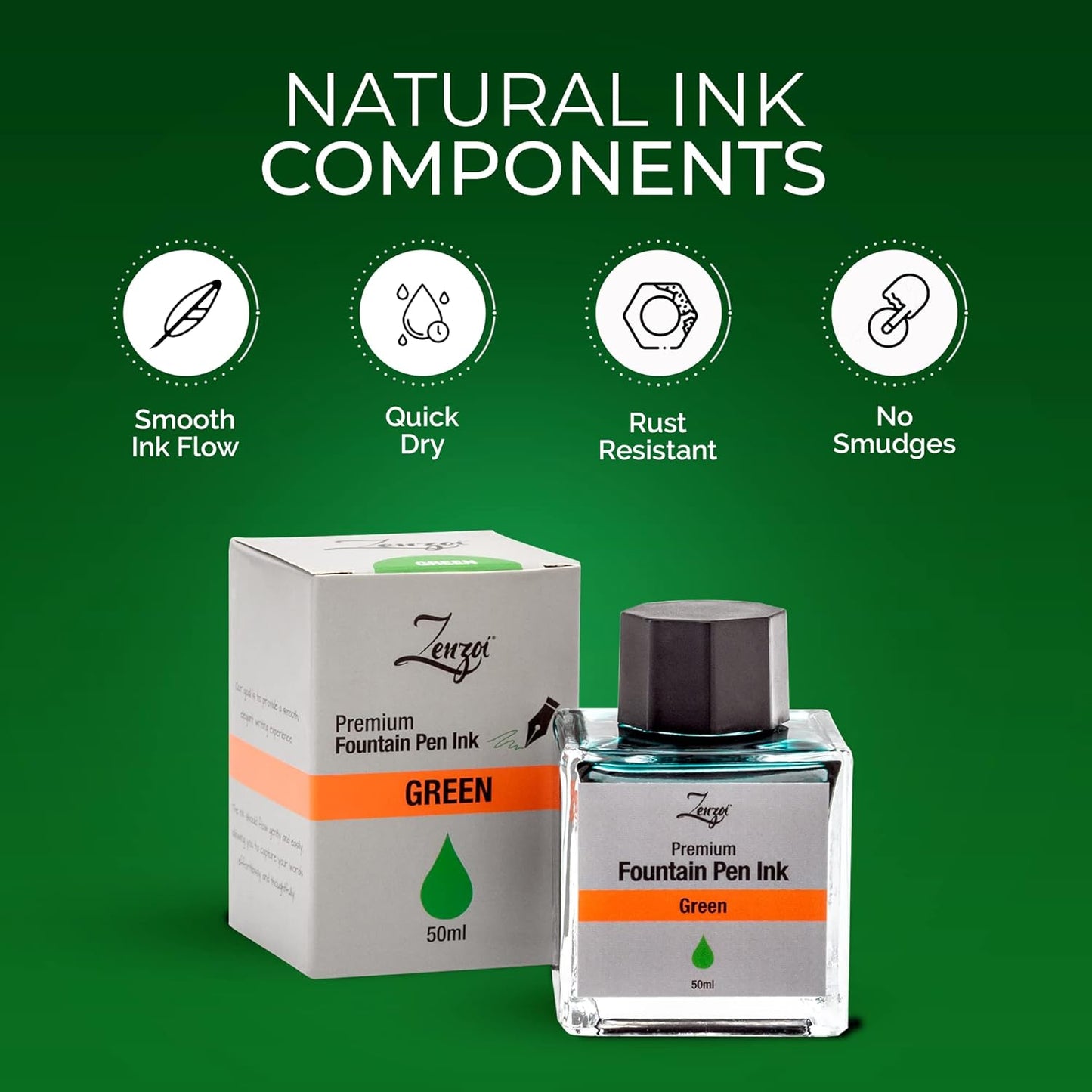 ZenZoi Fountain Pen Ink Bottle 50ml | Premium Designed Bottled Ink for Fountain Pens – Suitable for Calligraphy and All Branded Pens | Quick Drying and Smooth Flow Writing Experience (Green)