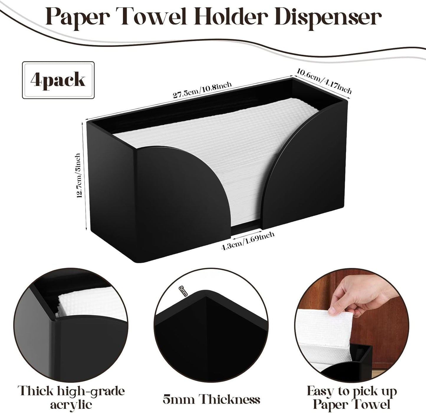 4Pack Paper Towel Dispenser Countertop Black Acrylic Paper Towel Holder for Bathroom Folded Clear Trifold Napkin Holder for Z-fold, C-fold, MultiFold Trifold - Home Kitchen