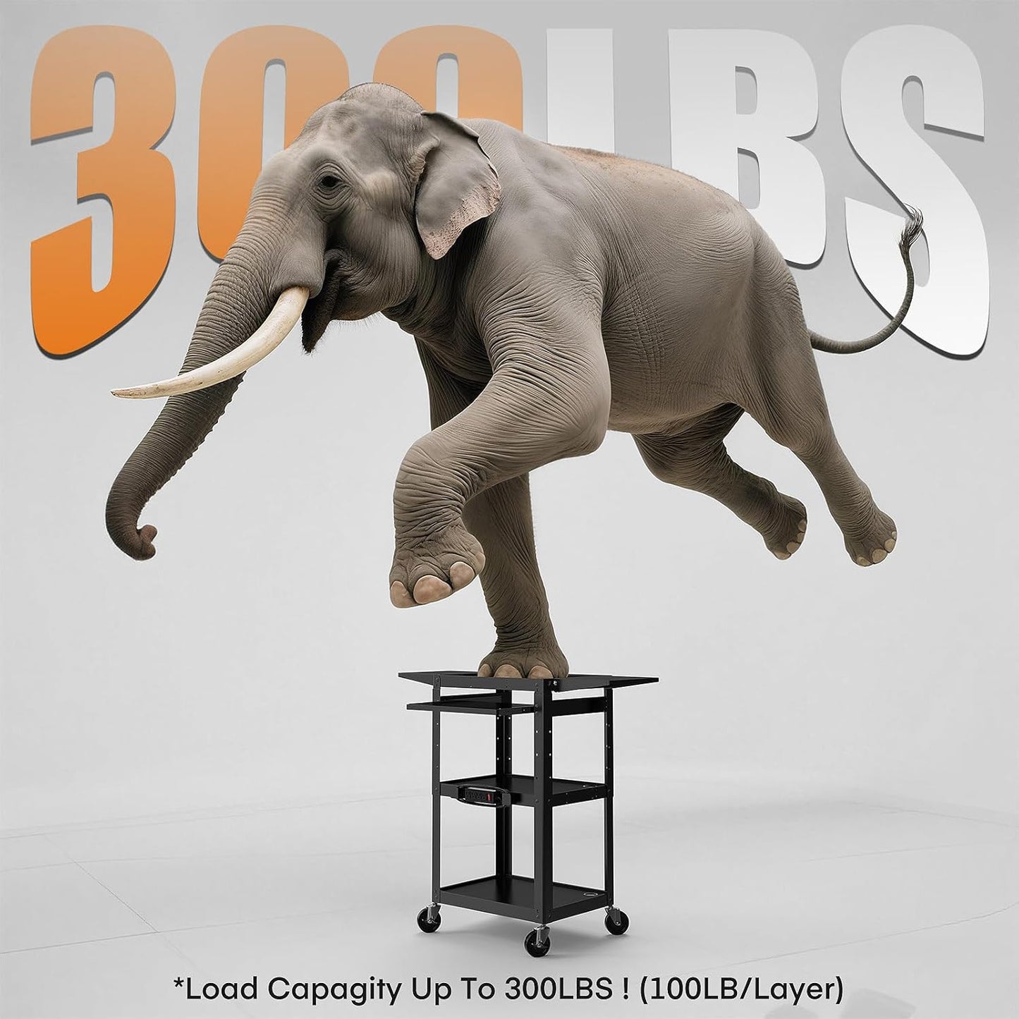 All-Steel Rolling AV Cart with Adjustable Height & Built-in Power – Heavy-Duty Media Workstation with Drop-Leaf Shelves & Wheels for Projectors, Laptops, Printers – Classroom, Office & Studio, Black