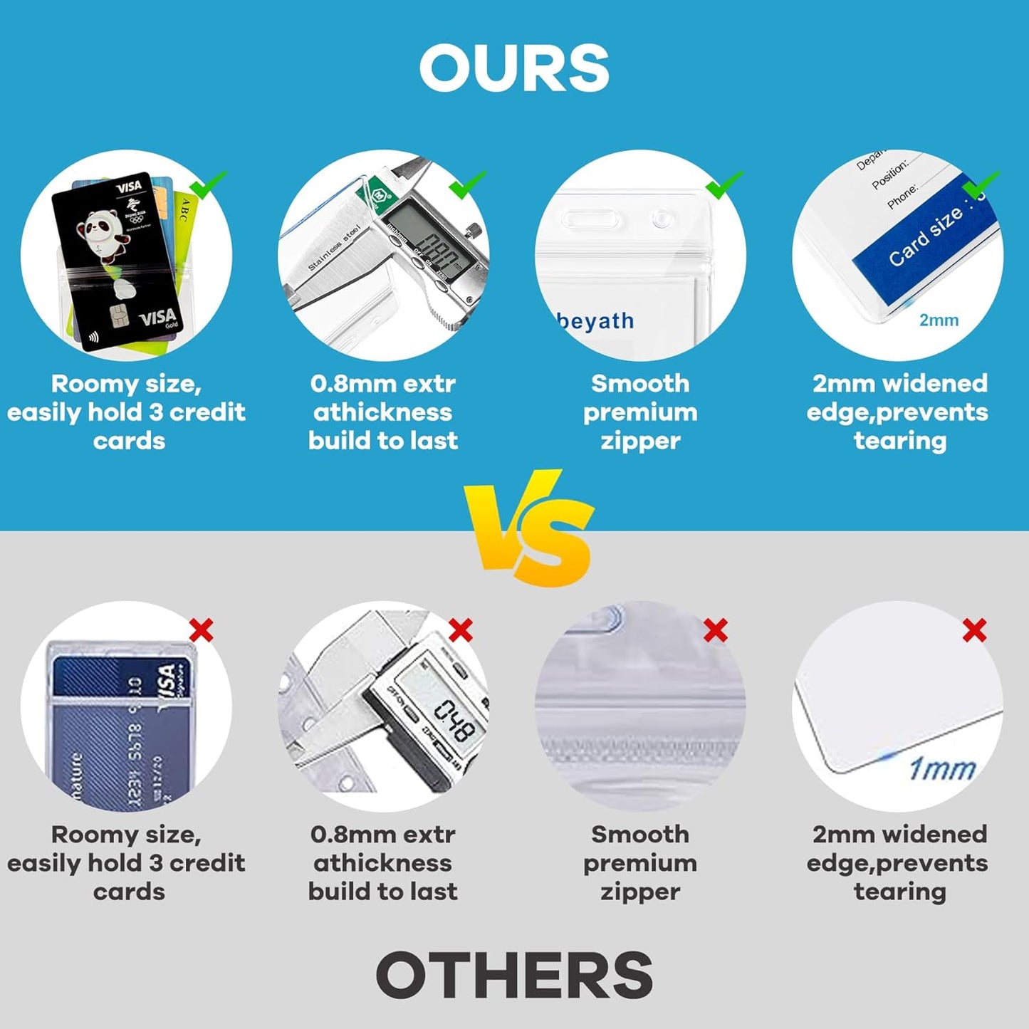 50Pack Extra Thick ID Card Name Badge Holder Heavy Duty Waterproof Clear Plastic PVC Vertical Sleeve Pocket Resealable 4.6x3.82inch