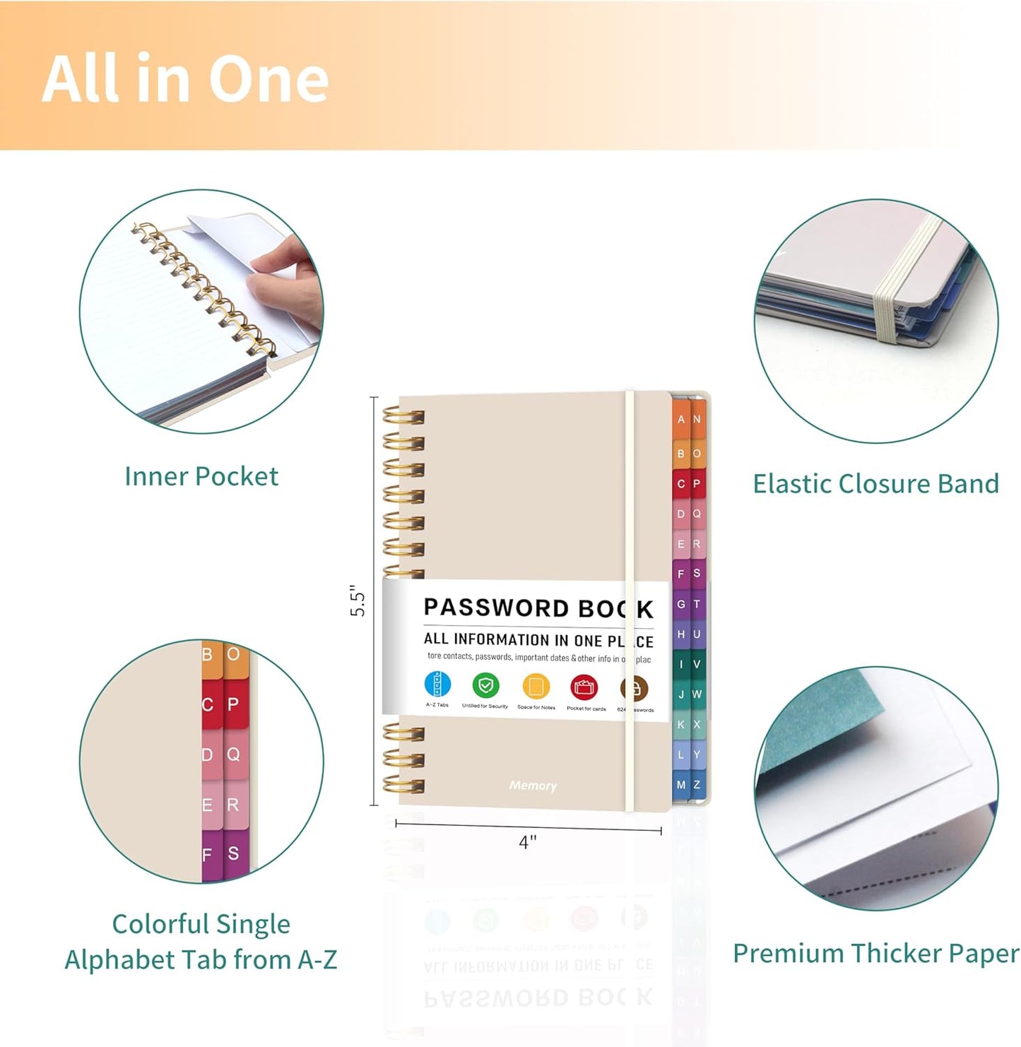 Spiral Password Book with Alphabetical Tabs – 4" X 5.5" Small Password Keeper Book with Inner Pocket for Seniors , Large Print, Hardcover, 468 Logins – Internet Password Organizer Notebook for Home & Office Use