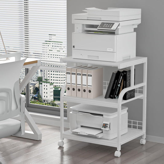 Lerliuo Large Printer Stand with Storage, 23.6"W x 18.9"D x 30.2"H, 5-Adjustable Shelf Heights Mobile 3 Tier Table with Lockable Wheels, Industrial Rolling Printer Cart, White Stands for Home Office