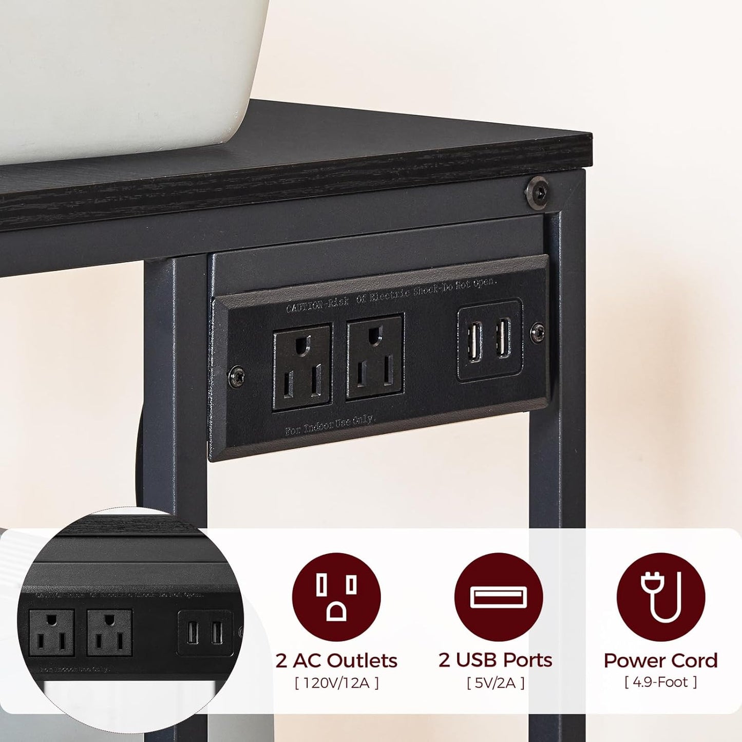 Mobile Printer Stand, 3-Tier Industrial Printer Cart with Power Outlets and 2 USB Ports, Rolling Printer Table on Wheels for Home Offices Kitchen Organization Rack, Black PTHB78E01