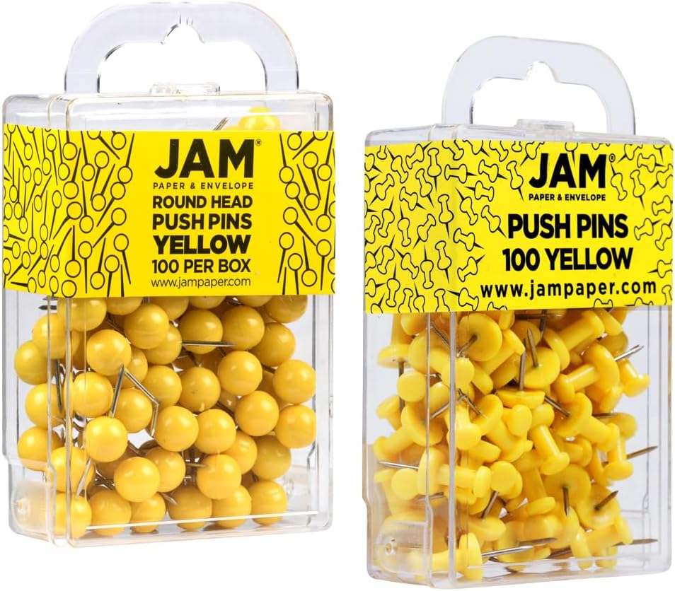 JAM PAPER Colorful Push Pins - Flat & Round Head Thumb Tack Combo Set - Yellow Pushpins - 200/Pack