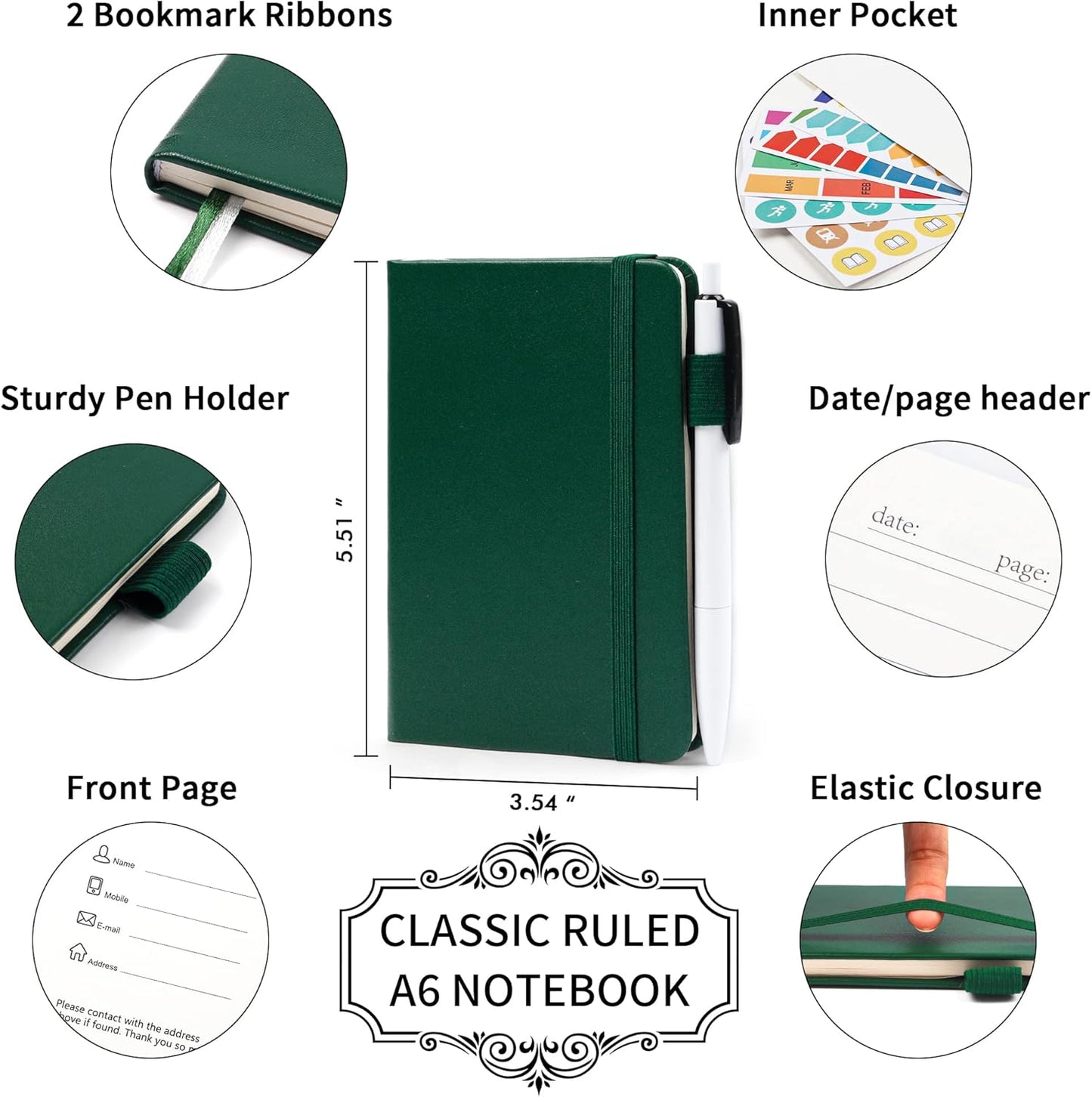 feela 6 Pack Pocket Mini Notebooks Bulk, Small Cute Memo Notepads Hardcover College Ruled Lined Journals with Pen Holder for School Business Work, with 6 Black Pens, 3.5”x 5.5”, A6, Dark Green