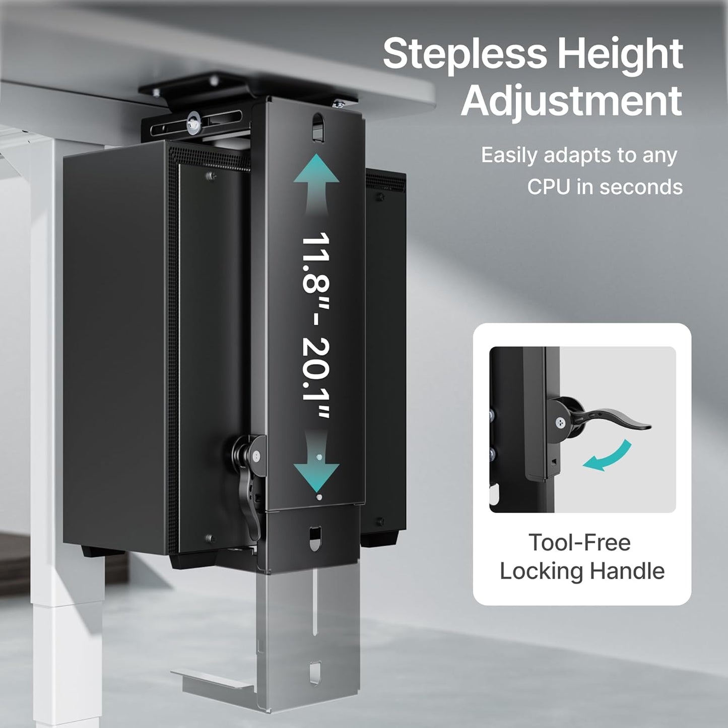 Adjustable Under Desk PC Mount, 3.5 to 8 Inch Wide Computer Tower Holder with Locking Handle,360 Degree Swivel Adjustable Height and Width, Black