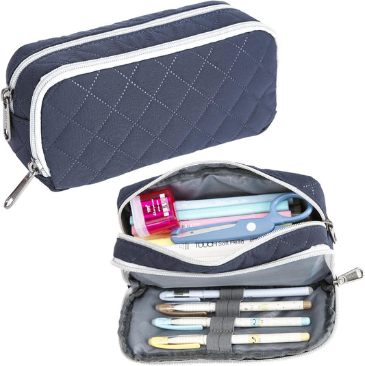 Della Gao Pencil Case Large Capacity Pencil Pouch Soft Quilted Pen Bag Office Stationery Organizer Sturdy Pencil Bag for Men Women - Dark Blue