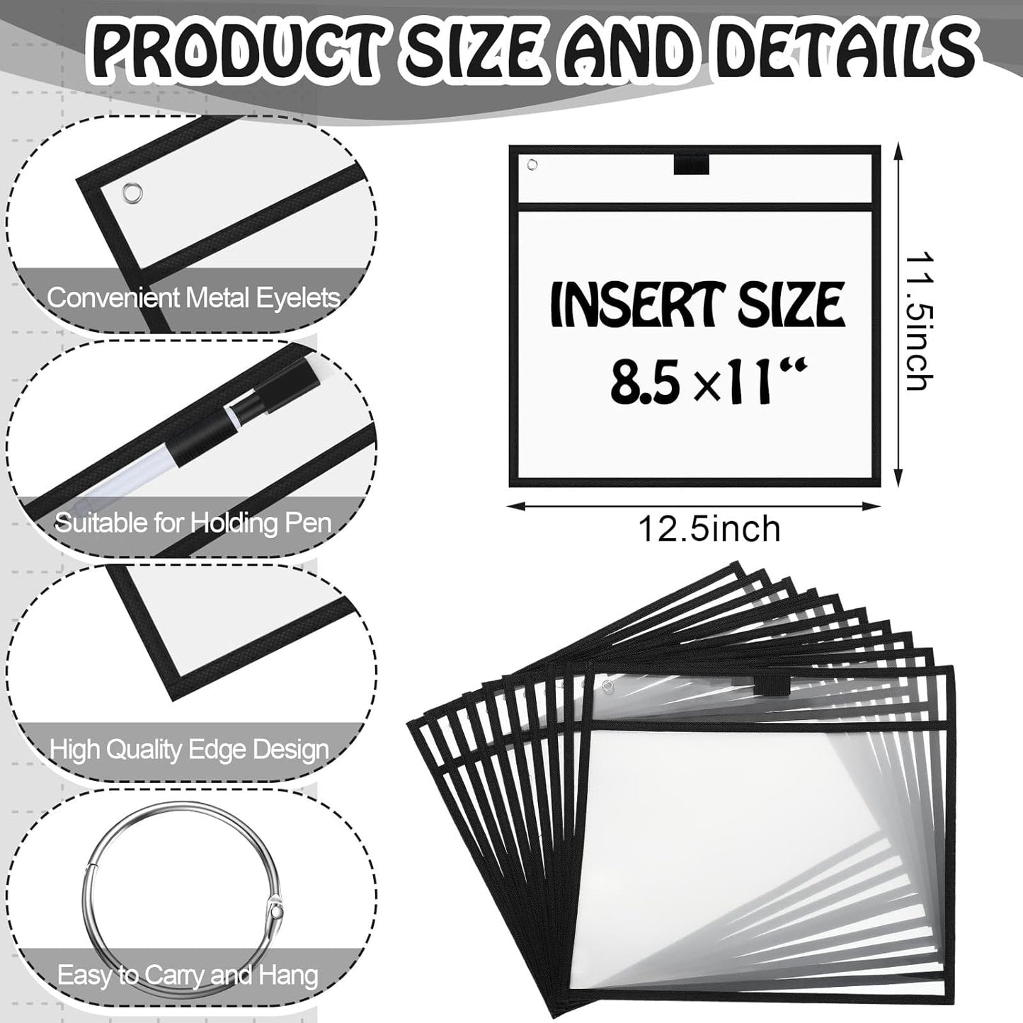 Teling 150 Pcs Dry Erase Pockets Bulk Reusable Job Ticket Holders Clear Plastic Sleeve Protector Work Order Sleeve Shop Ticket Holder for Welcome Teacher Back Office Supplies(11.5 x 12.5'',Black)