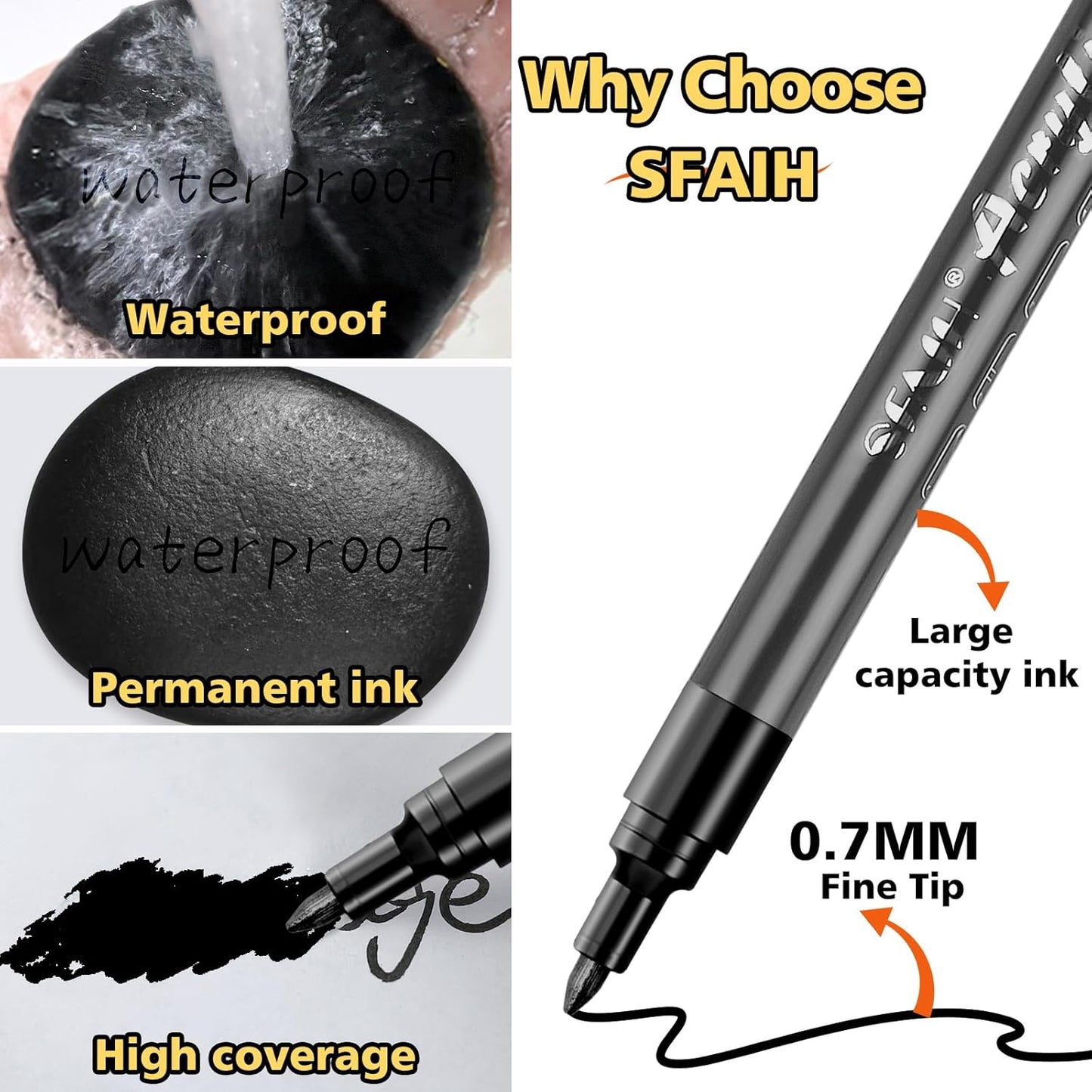 SFAIH Black Paint Markers Pens -4 Pack 0.7MM Fine Tip Acrylic Markers for Rock Rock Painting, Bold Lettering, Poster Making, Labeling, Wood Signs