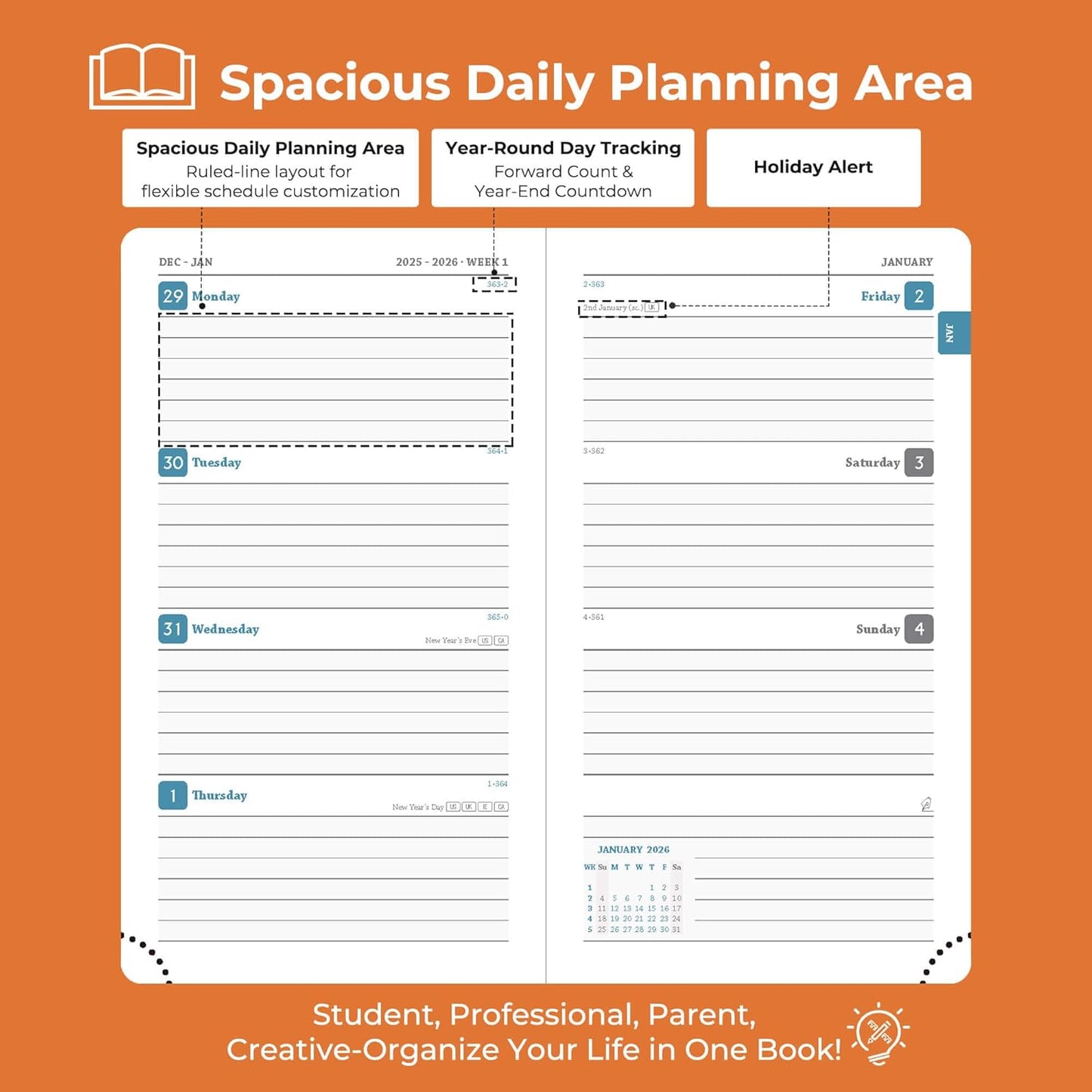 Weekly Monthly 2026 Planner (Jan.26-Dec.26),6.5"x3.75",12 Months Agenda Plan with Month Tabs & Pocket,Expenses/Note Pages, Appointment Book Calendar with Hardcover Vegan Leather Cover,Orange