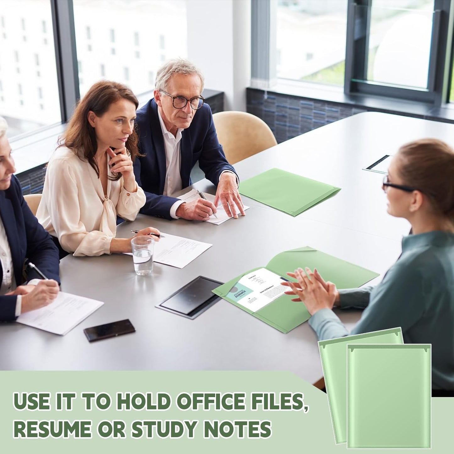 Henoyso 60 Pcs Plastic Folders with Clear Front Pockets Heavy Duty File Folders with 2 Pockets and Card Slot for Student Communication School Office Presentation Report (Sage Green)