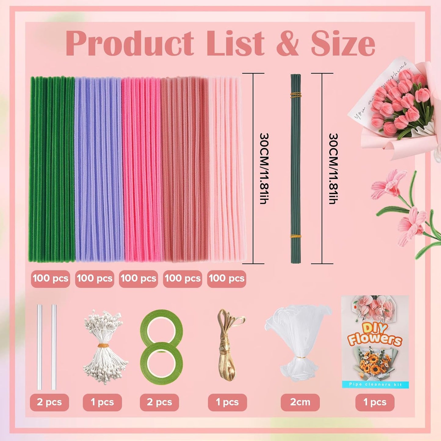 500 PCS Pipe Cleaners Craft Kit for Flower Making Lily DIY Material Bundle with 20 Stems, 100 Stamens, Ribbon, Tulle, Glue Sticks & Step-by-Step Guide Vibrant Colors, Non-Shedding, Fade-Resistant