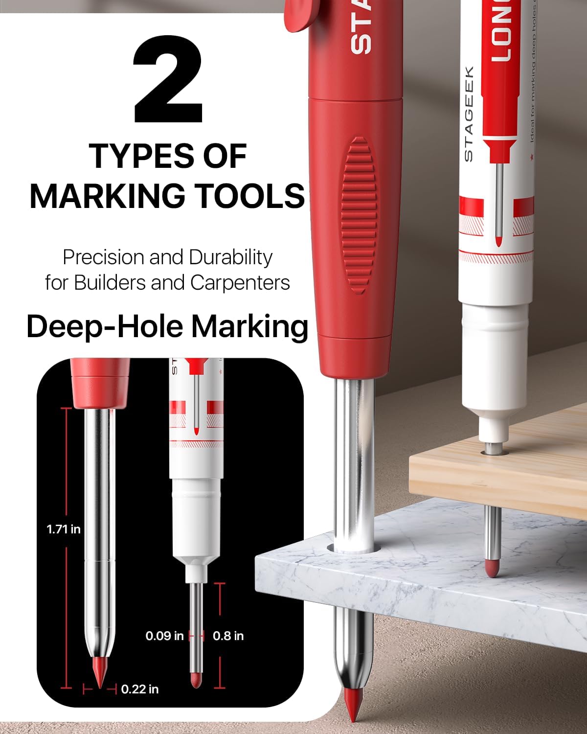 4PCS Carpenter Pencils with Sharpener, Heavy Duty Woodworking Pencils, Mechanical Carpenter Pencil with 52 Refills, Deep Hole Long Nib Marker Pens for Architect Construction Marking with Case