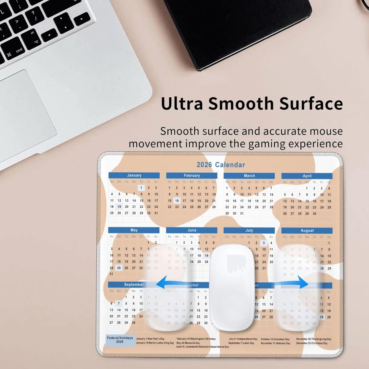 2026 Calendar Mouse Pad Cow Texture, Calendar with Holidays Mouse Pads, Non-Slip Rubber Base Mousepad for Office Desk Computers Laptop