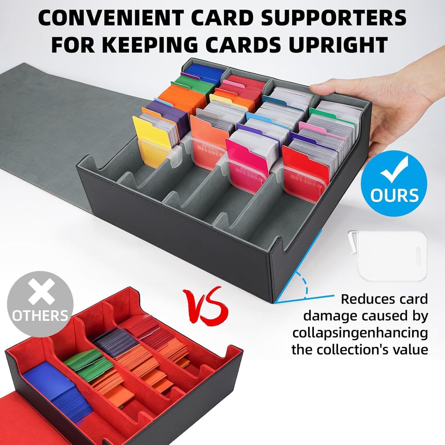 AFIING Trading Card Storage Box, MTG Deck Box with 48 Dividers & Supporters, Commander Card Deck Case Fits for Magic Game Cards, YugiOh, TCG, baseball and Sport Cards, Black Grey 3200+