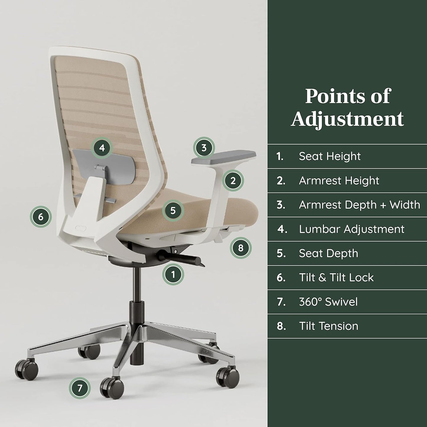 Branch Ergonomic Chair - A Versatile Desk Chair with Adjustable Lumbar Support, Breathable Mesh Backrest, and Smooth Wheels - Experience Optimal Comfort and Support - Sand - White