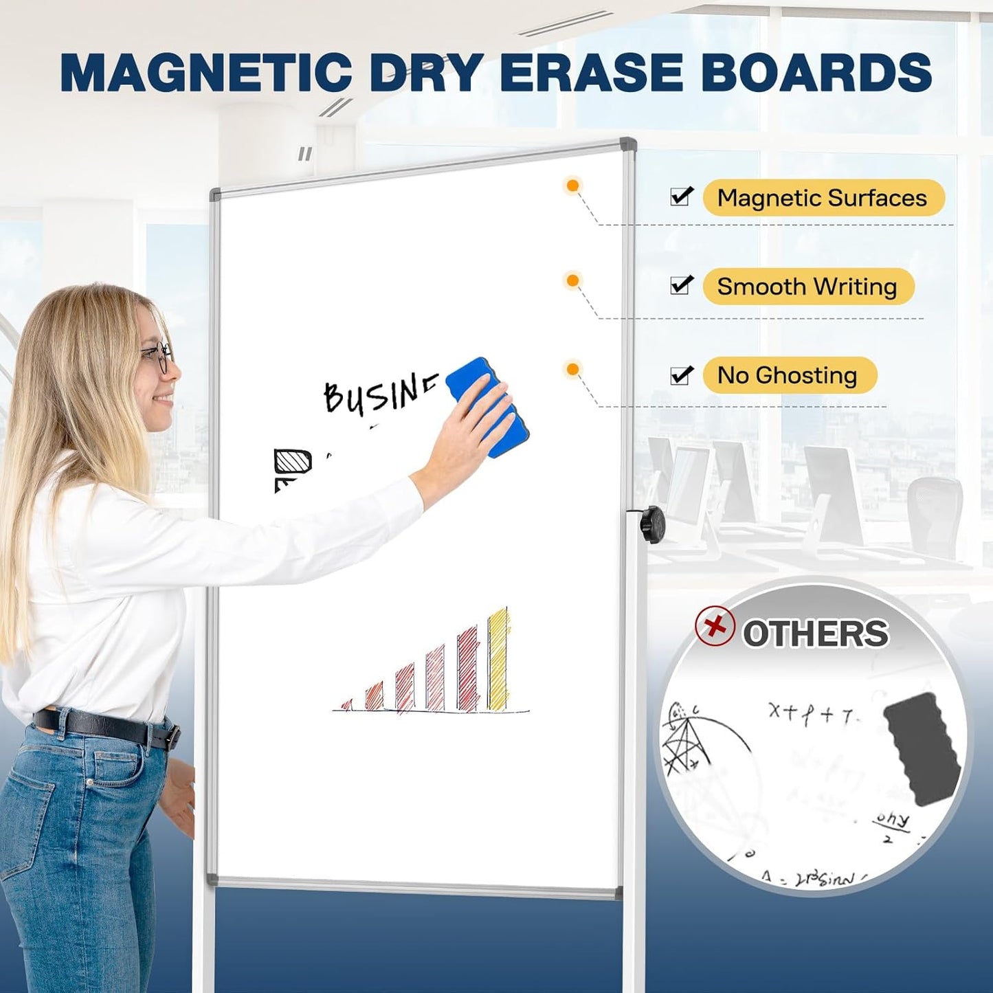 [15 Sq/ft] Large Double-Sided Rolling Whiteboard, 28"x40" Reversible Dry Erase Board with Stand, Magnetic White Board on Wheels, Standing Mobile Whiteboard, School Supplies, Classroom, Office, Home
