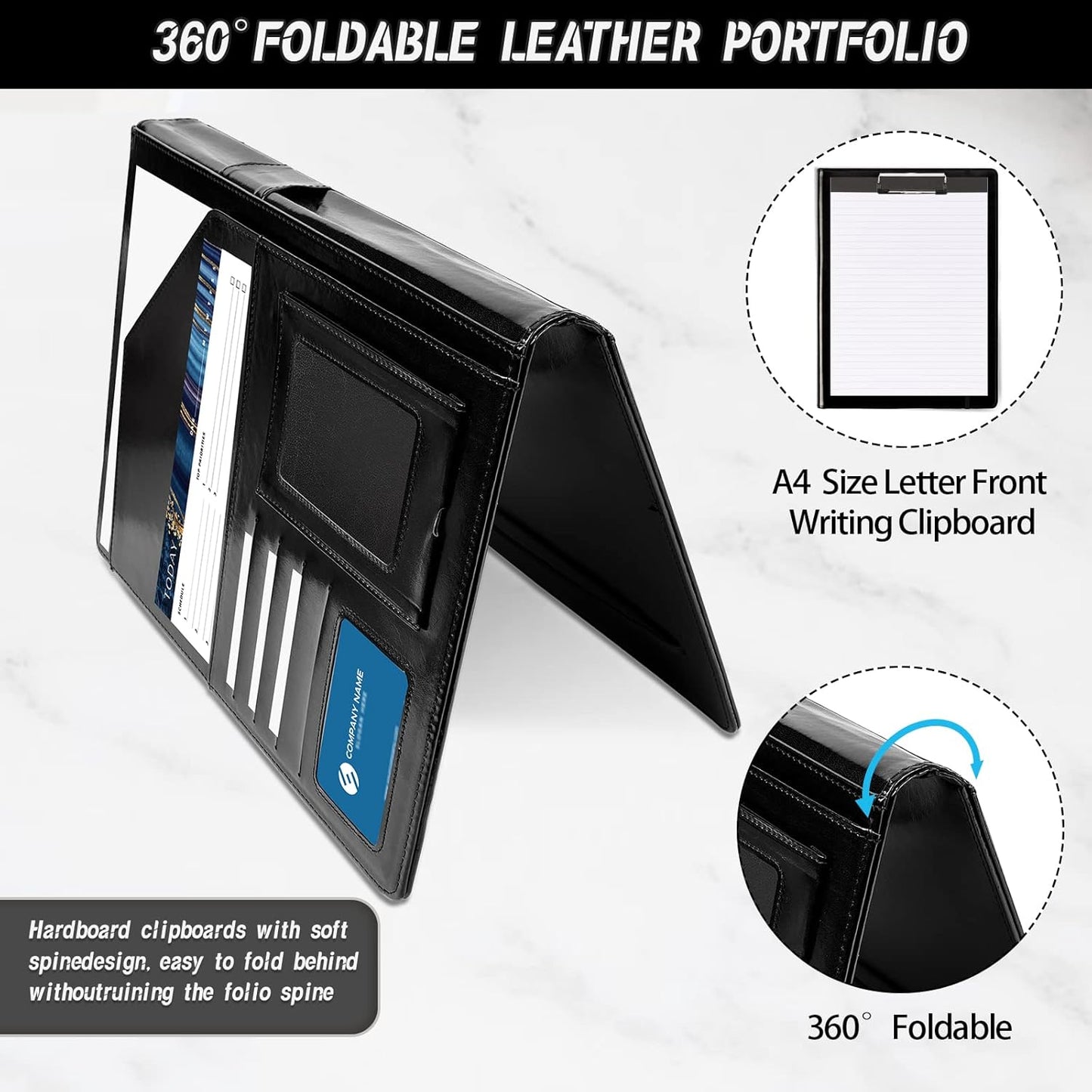 Leather Portfolio for Men Clipboard Notepad Business Black Padfolio Flexible Portfolios