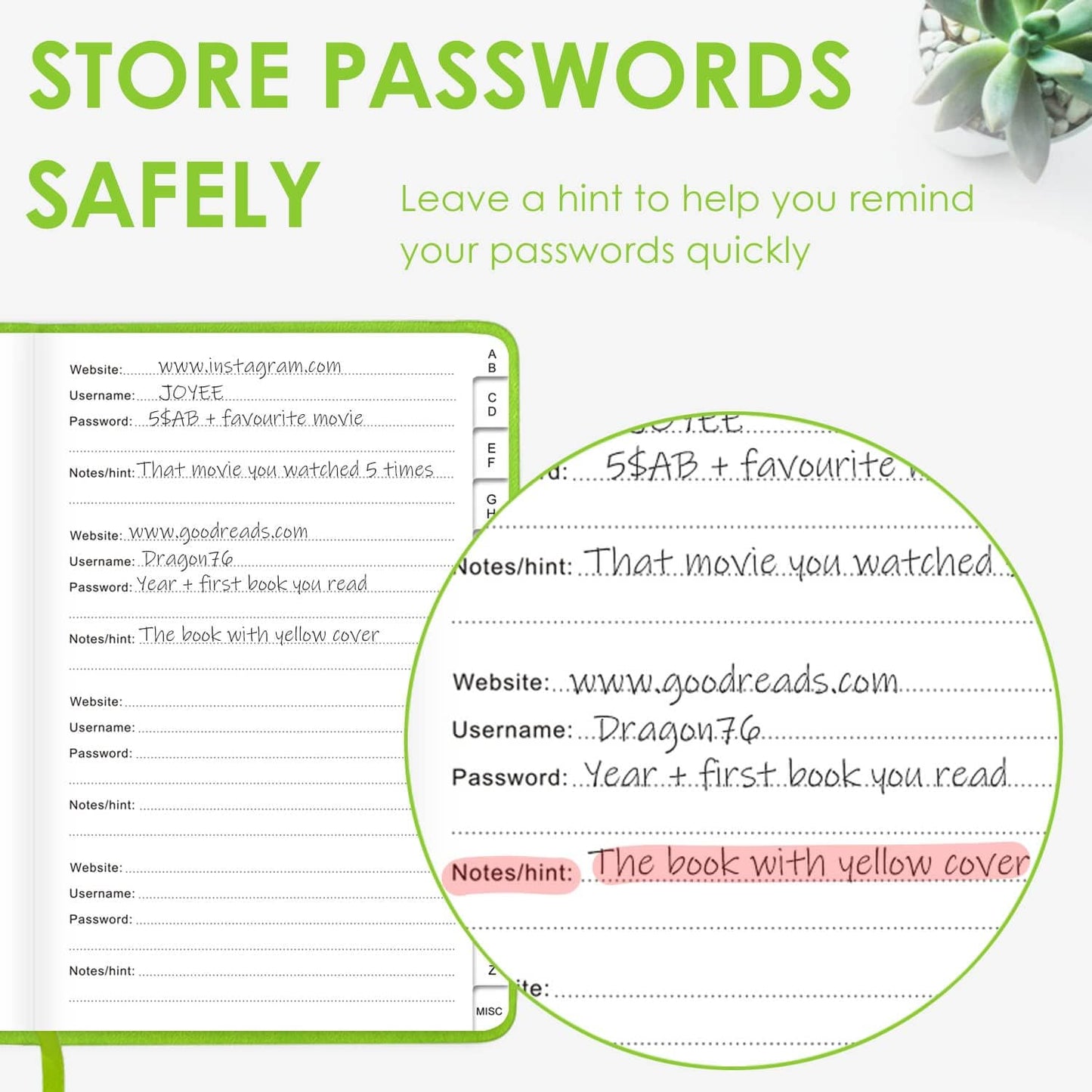 Elegant Password Book with Alphabetical Tabs - Hardcover Password Book for Internet Website Address Login - 5.2" x 7.6" Password Keeper and Organizer w/Notes Section & Back Pocket (Green)