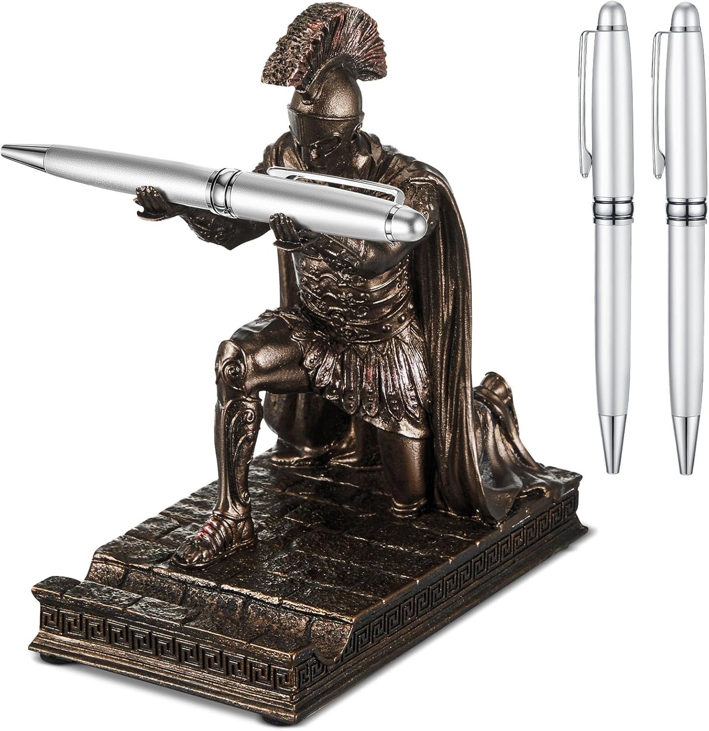 Spakon Knight Pen Holder with 2 Pens Resin Desk Organizers and Accessories Funny Executive Pen Stand Fancy Cool Office Gadgets Cool Desk Decorations for Men Home Supplies (Roman,Bronze)