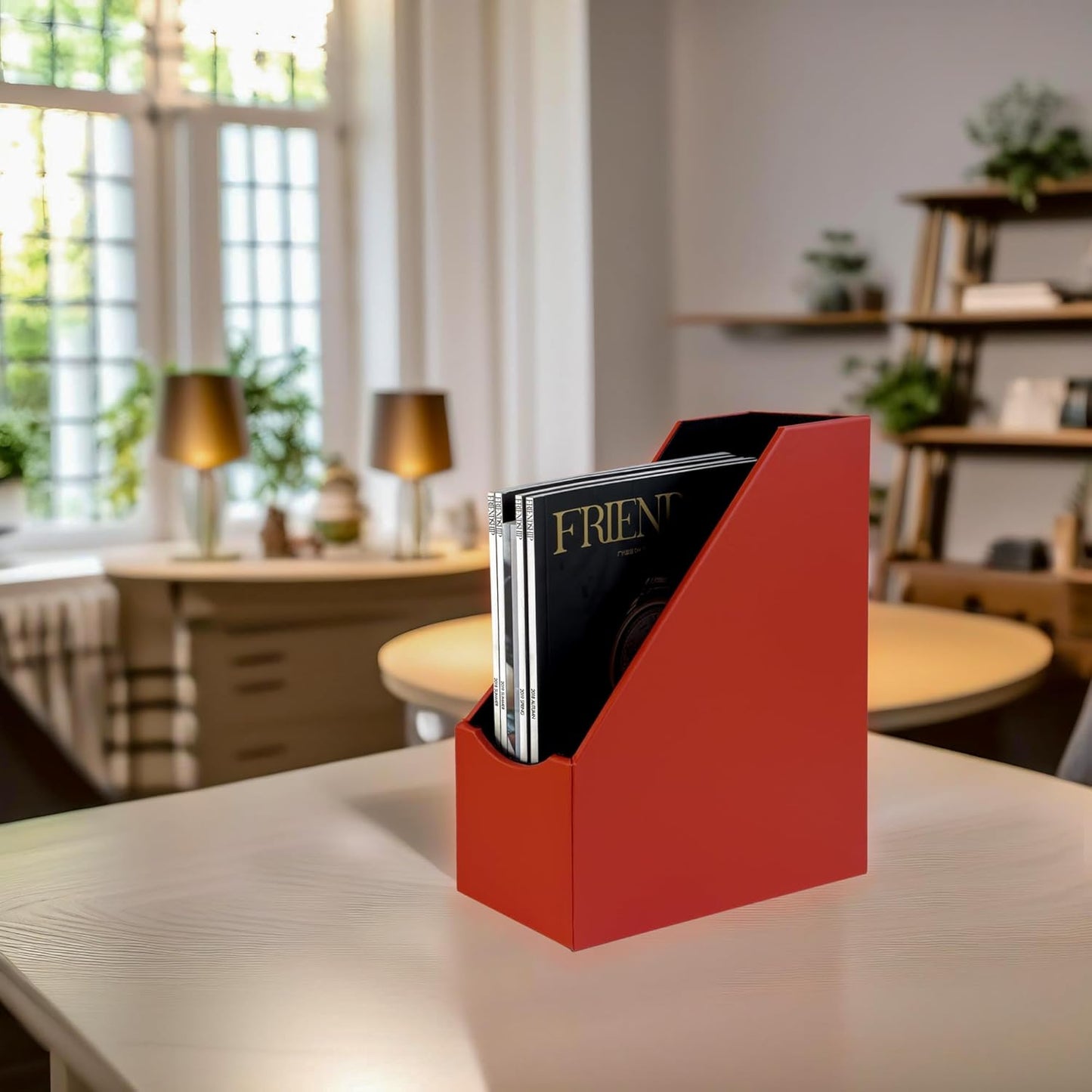 UnionBasic Magazine File Holder - Office Leatherette Desktop Document File Folder Journals Organizer Racks, Red