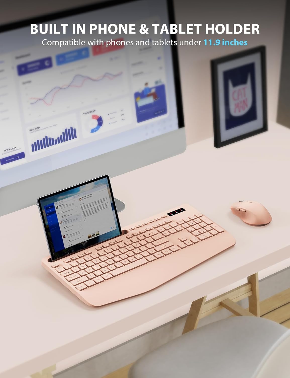 Trueque Wireless Keyboard and Mouse Combo - Full-Sized Ergonomic Keyboard with Wrist Rest, Phone Holder, Sleep Mode, Silent 2.4GHz Cordless Keyboards Mice Set for Computer, Laptop, PC, Windows (Pink)