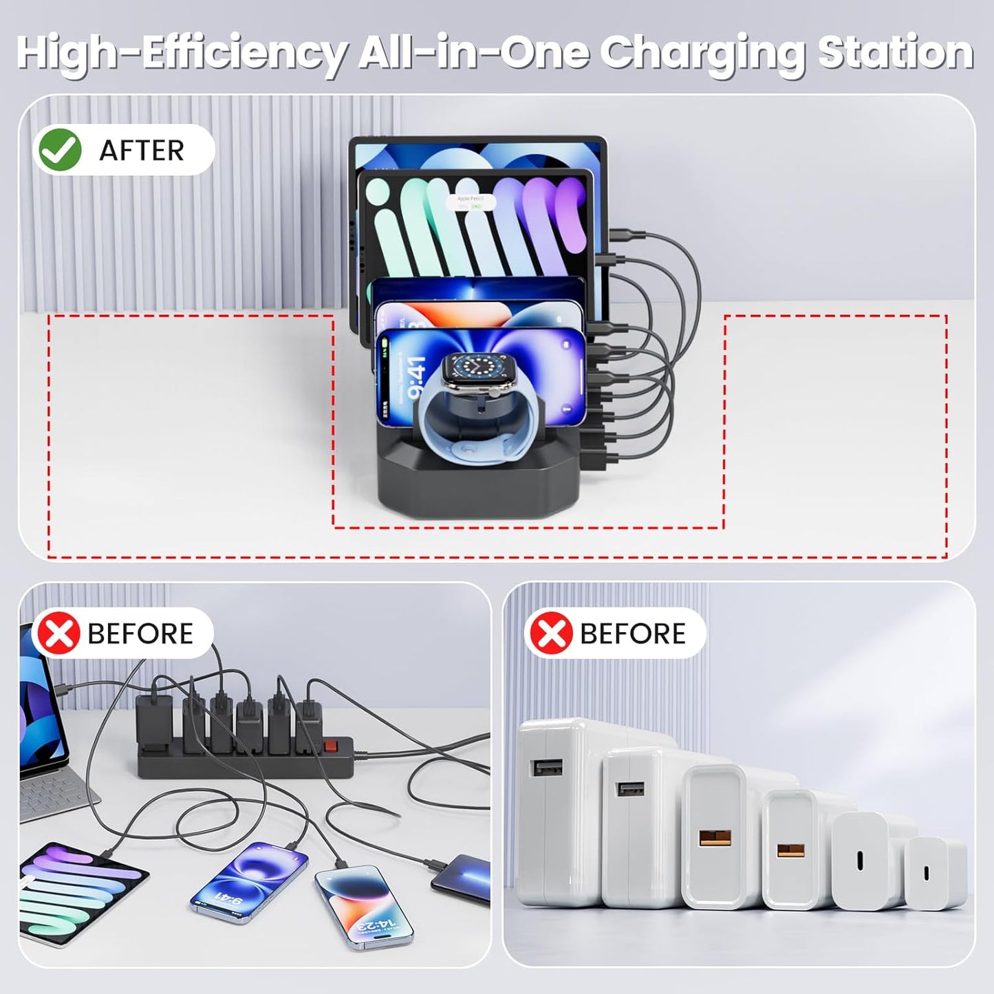 190W Fast Charging Station for Multiple Devices【Efficient & Safe Charging】 6 Port USB Charger Station - Family Multi-Device Organizer Charging Dock Compatible with iPhone/Android/MacBook/iPad/Tablet