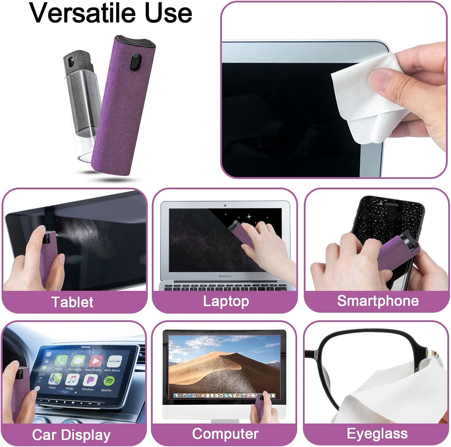 2Pcs Laptop Screen Monitor Cleaner Spray, walrfid Portable Phone Touchscreen and Car Screen Cleaning Kit for Cell Phones, Tablet, PC, Computer, iPhone, iPad, MacBook Pro - Grey and Purple