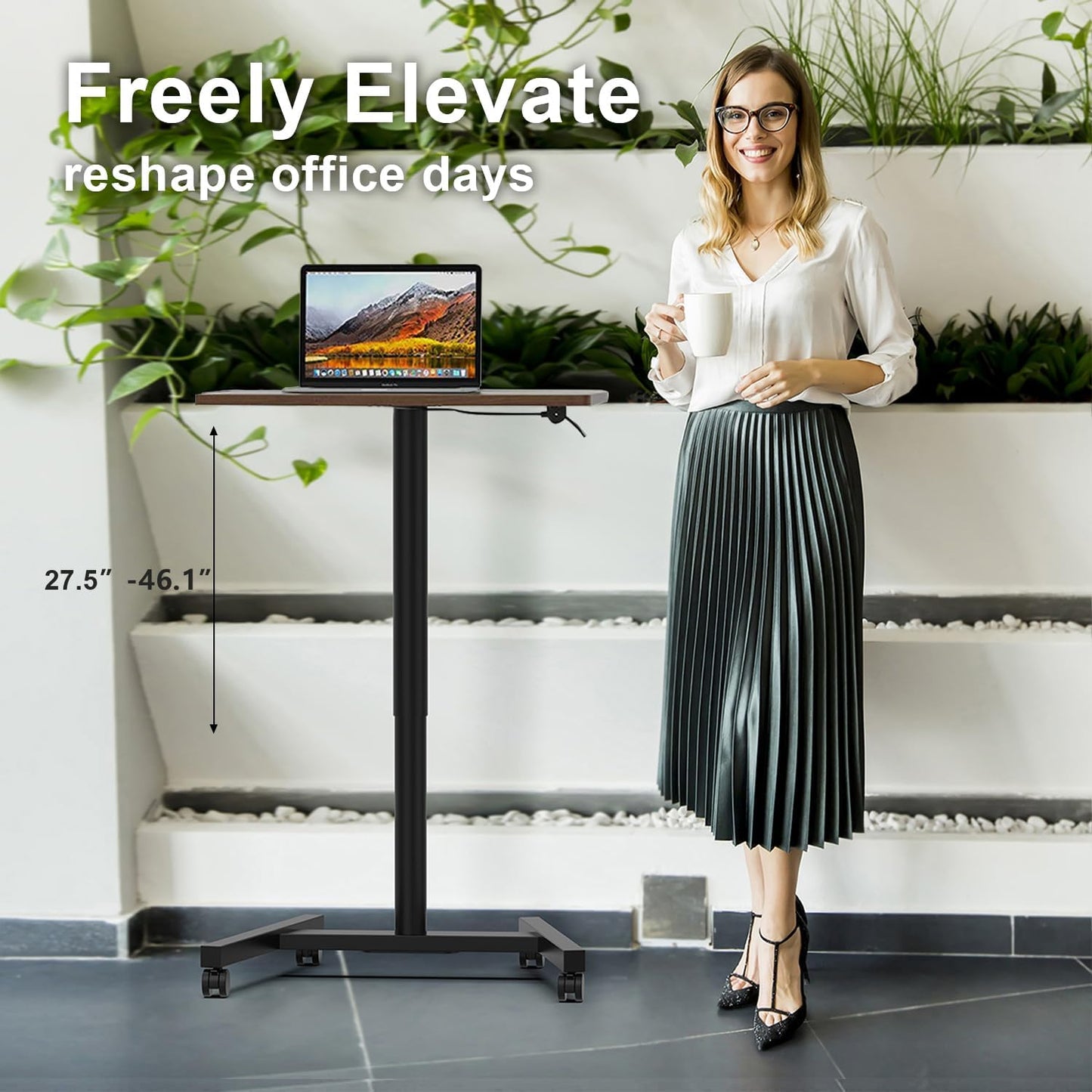 28-Inch Mobile Standing Desk Adjustable Height, Portable Standing Desk with Lockable Wheels, Rolling Table for Home Office Classroom Hospital (Walnut)