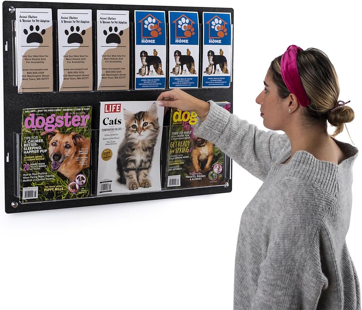 Displays2go Tiered Brochure Rack for Wall, 6-12 Adjustable Pockets, Frameless Acrylic - Black (2RP6BLK)