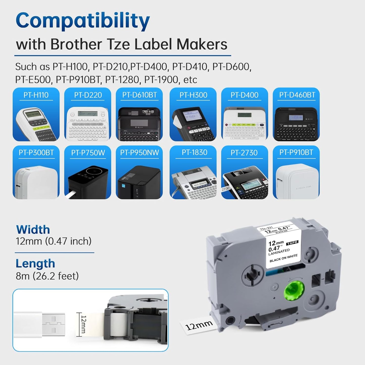 20Pk TZe-231 Tapes Replacement for Brother P Touch Label Tape TZe/TZ Tape 12mm 0.47 Laminated White TZe231 Compatible with Brother PT-D210 D220 D400 H110 1280 1290 1880 2040, 8m(26.2ft)