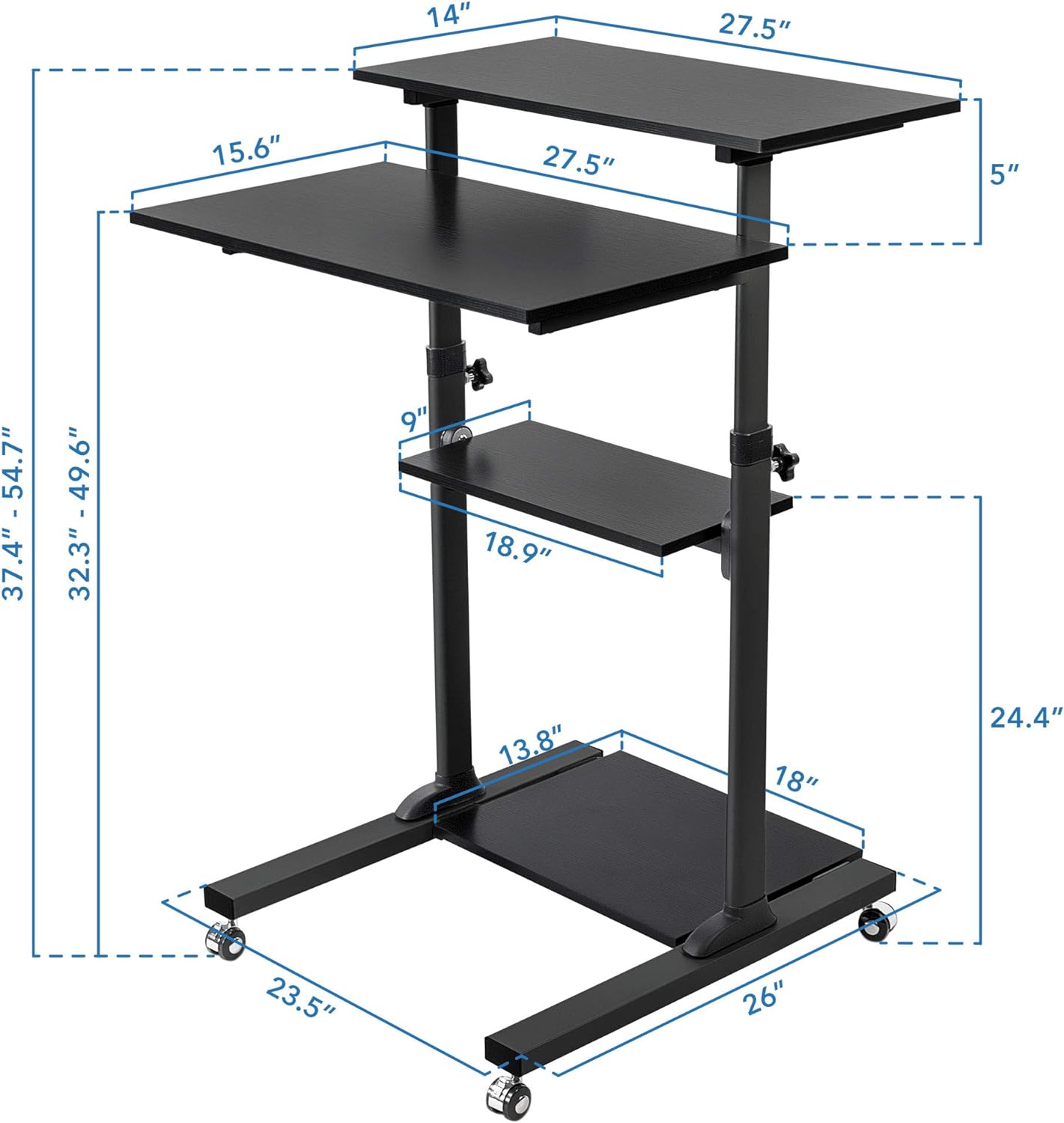 Mount-It! Mobile Standing Desk Cart, Height Adjustable Rolling Stand Up Desk, Computer Workstation for Office, School, Teachers, 27.5" Wide Podium Platform, Locking Wheels in Black Rises 37" to 54"