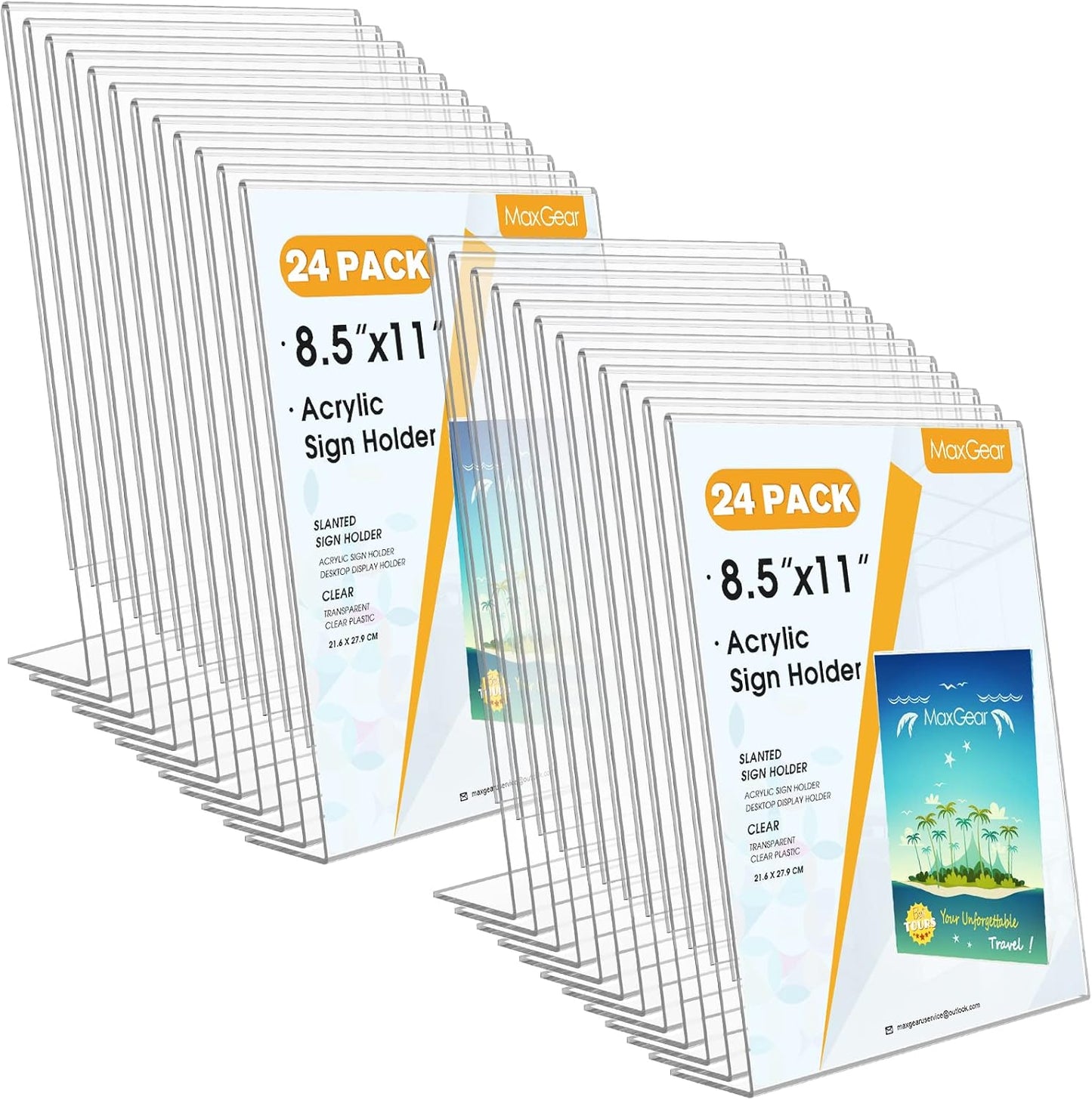 MaxGear Acrylic Sign Holder 8.5 x 11 Inches, Clear Sign Holders Plastic Display Stand Slant Back Countertop Display Picture Frames for Menus, Flyer, Use In Office, Store, 24 Pack