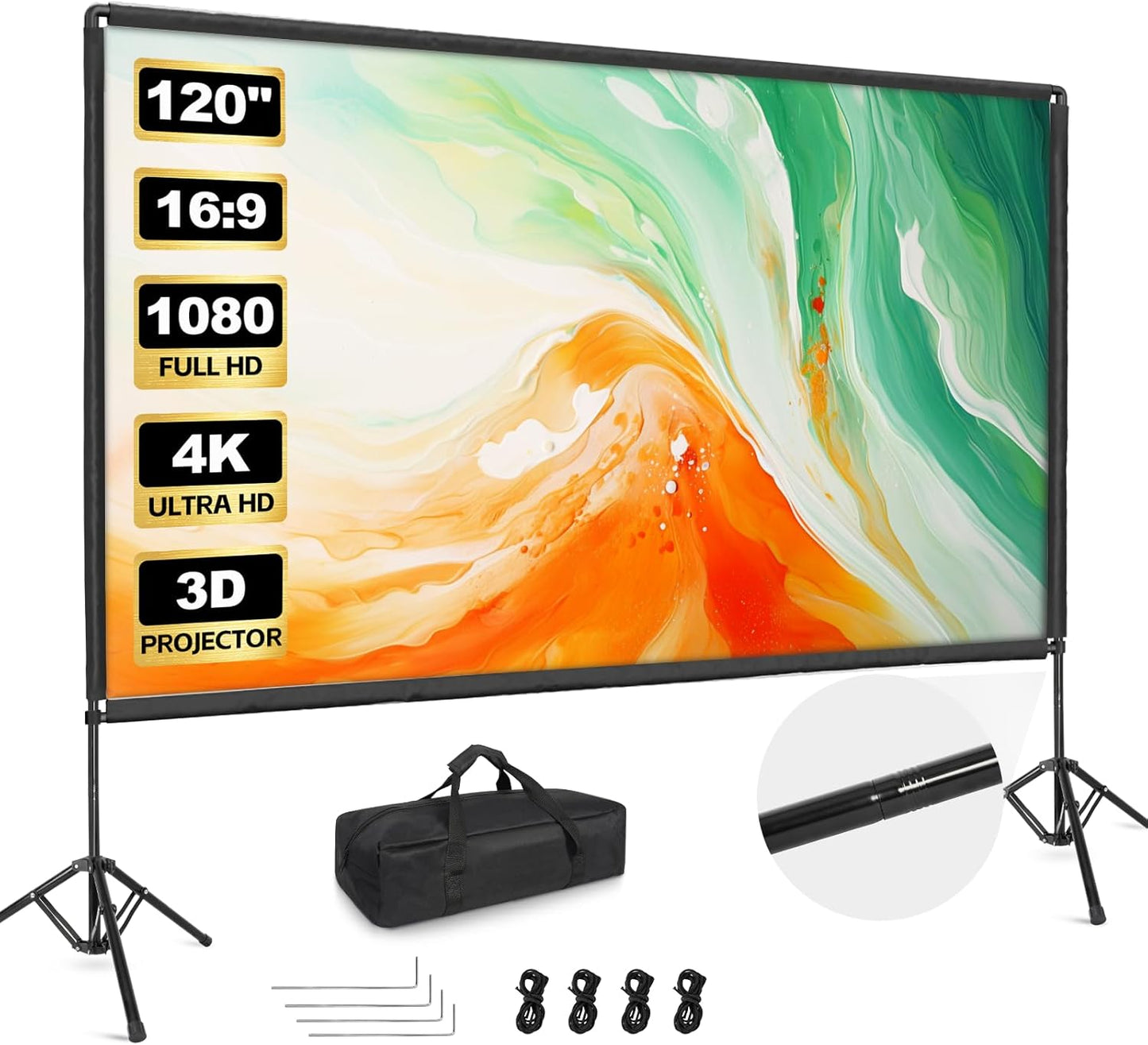 Outdoor Projector Screen with Stand, 120 inch Portable Projector Screen Stand with Elastic Rope Bar, Indoor 16:9 4K HD Wrinkle-Free Front Rear Projection Screen with Carry Bag for Movie Night Camping