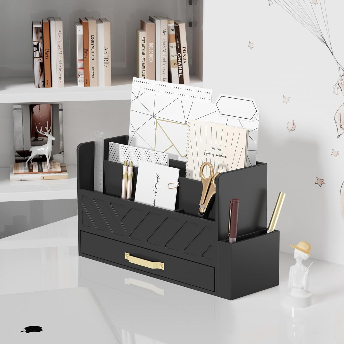 Bamboo Desk Organizer Mail Holder Countertop Wood Desk Drawer Tabletop Storage Box Pen Holder Letter Sorter Makeup Organizer for School Home Office Supplies with Pen Holder Black