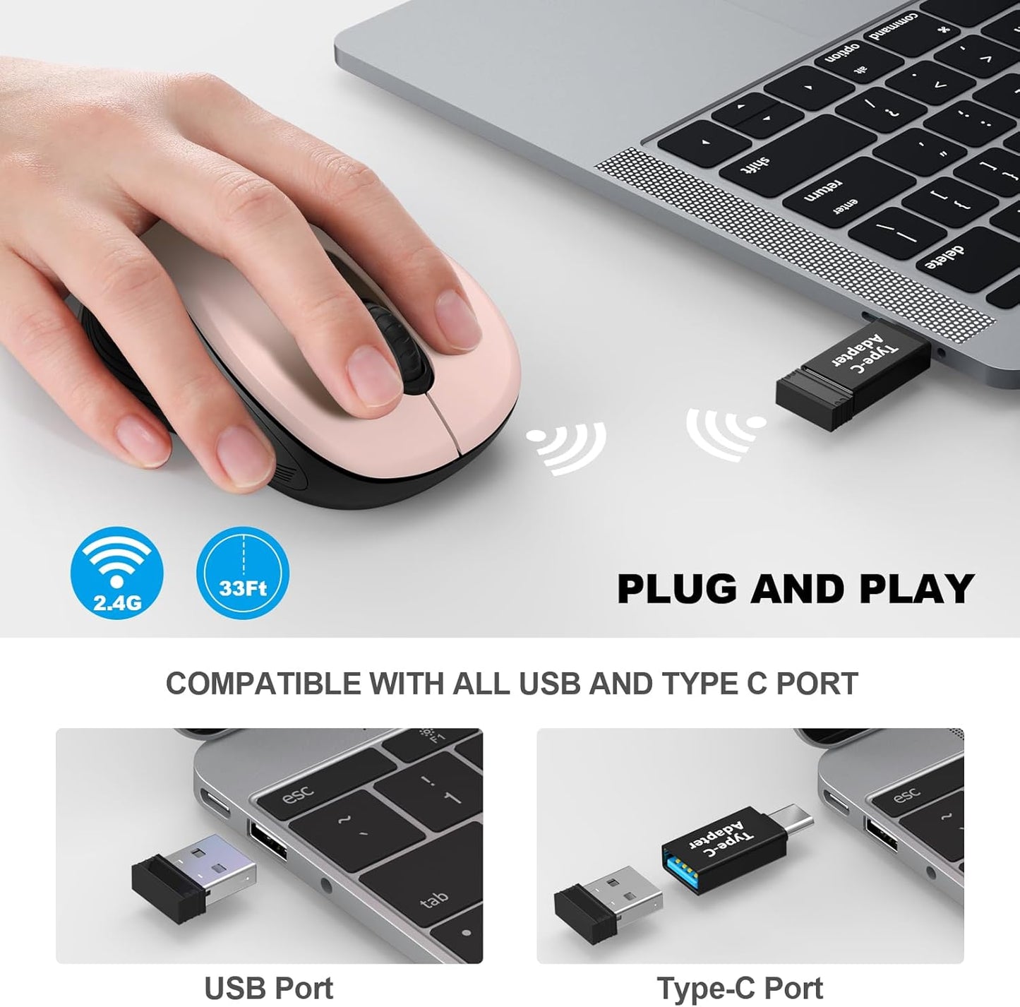 WisFox 2.4G Wireless Mouse for Laptop, Ergonomic Computer Mouse with USB Receiver and Type-C Adapter, 3 Adjustable Levels DPI, 6 Button Cordless Wireless Mice (Pink)