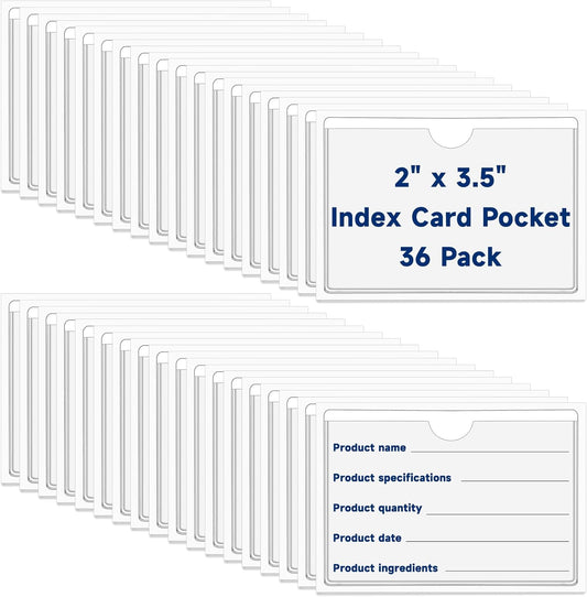 36Pcs Adhesive 2" x 3.5" Index Card Pockets, Clear Label Holders with Top Open for Loading, Plastic Pocket Sleeves for Organizing Storage Bins, Library Cards, Shelves