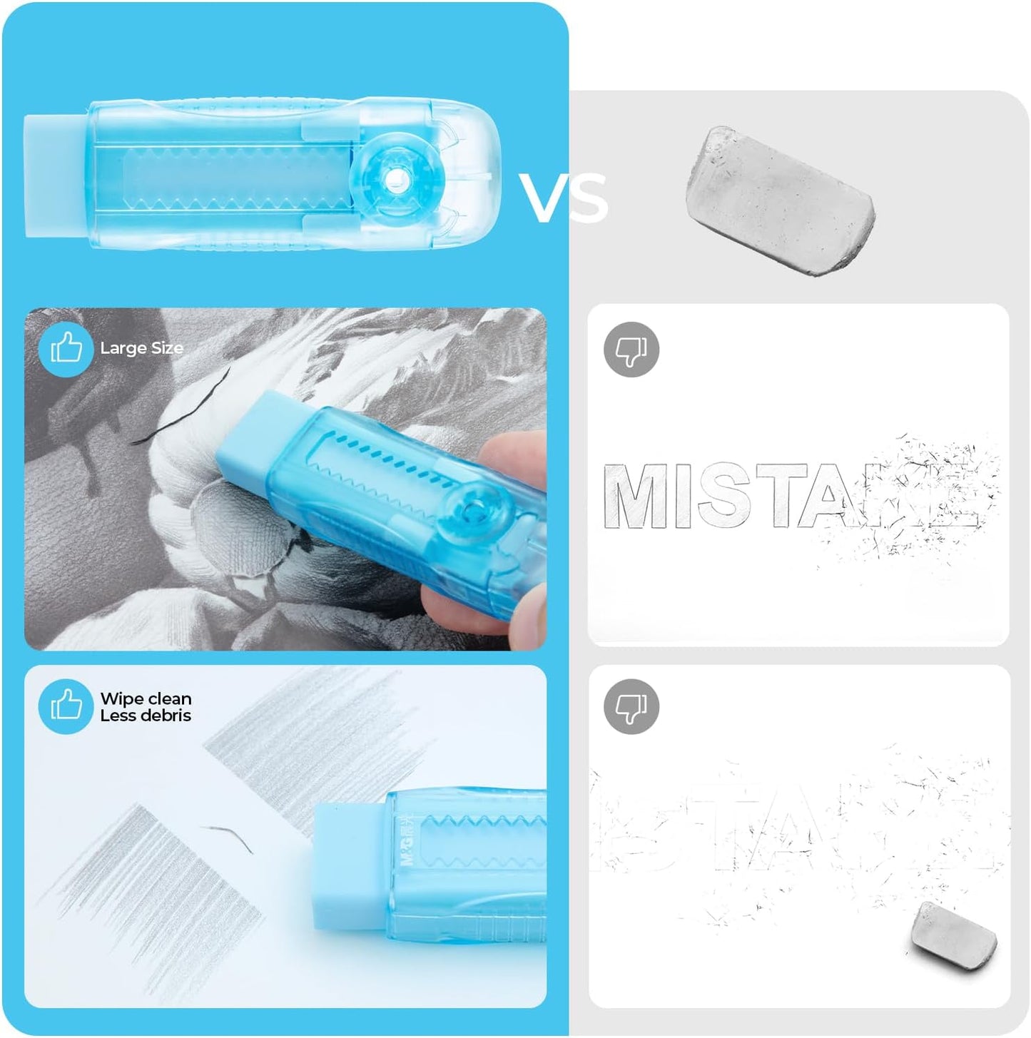 M&G 6 Pack Rubber Erasers Sliding Retractable Eraser, 3 Colors Soft Cute Erasers Push Pull Large Pencil Eraser with Transparent Plastic Sleeve for Students Kids, School Office Home Supplies