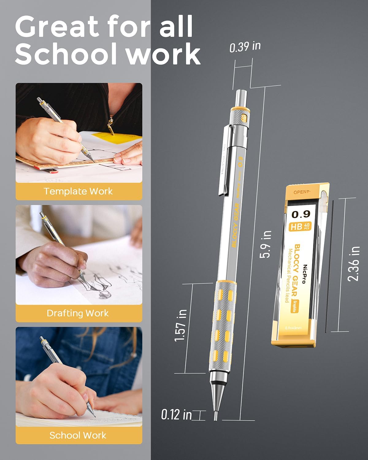 Nicpro Blocky Gear 0.9 mm Mechanical Pencils Set in Case, Metal Pencil with 0.9mm HB Lead Refills, Eraser for Professional & Adult Art Writing Drafting Drawing