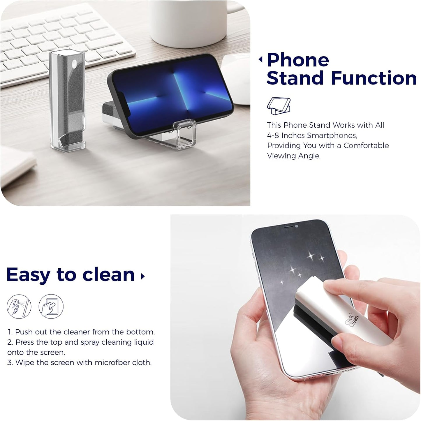 Click Clean Screen Cleaner Kits - 4 All-in-One Screen Cleaner with 4 oz Cleaner Refill, 1 Microfiber Cloth(7.8 x 7.8in), 1 Mini Refill Funnel, and 1 Sprayer - for All Phones, Laptop and Tablet Screens