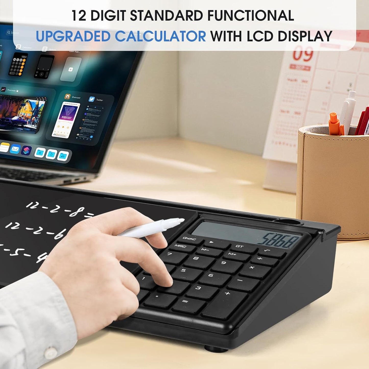 Varhomax Glass Desk Whiteboard Black with Calculator, Desktop Dry Erase White Board with Storage, to Do List Memo Notepad for Home and Office