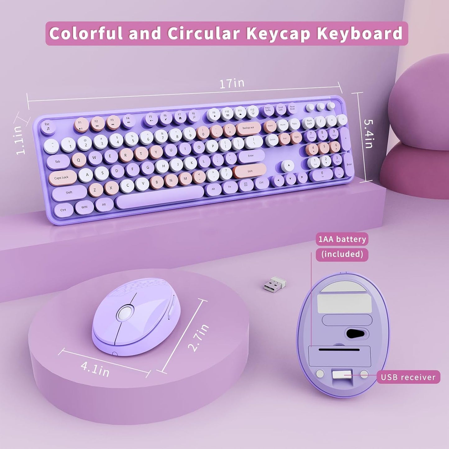 Wireless Keyboard and Mouse Combo, Ergonomic Full Size Typewriter Retro Round Keycaps Keyboard, Compatible with Windows, PC, Perfer for Home and Office Keyboards (Purple