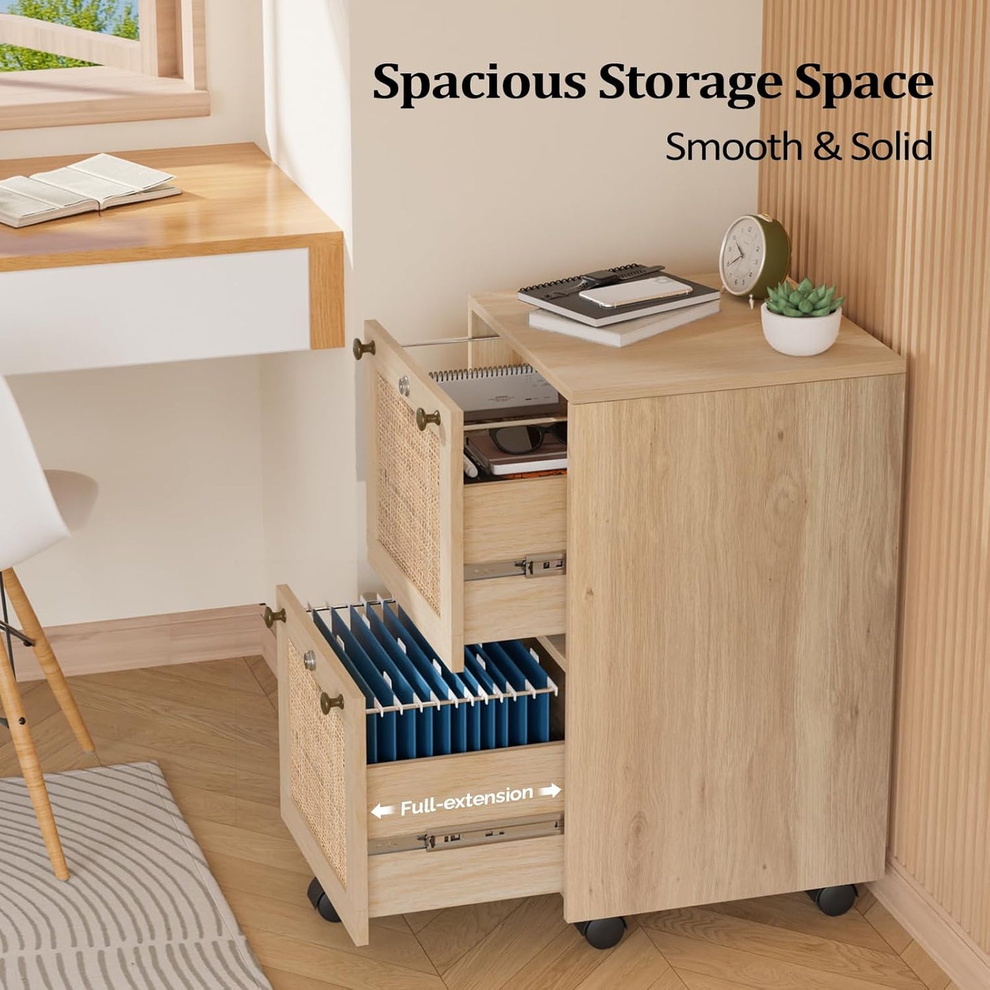 VINGLI 2 Drawer File Cabinet with Lock, Rolling File Cabinets for Home Office, Small Printer Stand, Wood Rattan Oak File Organizer, Under Desk Filing Cabinet on Wheels for Folders with Tabs