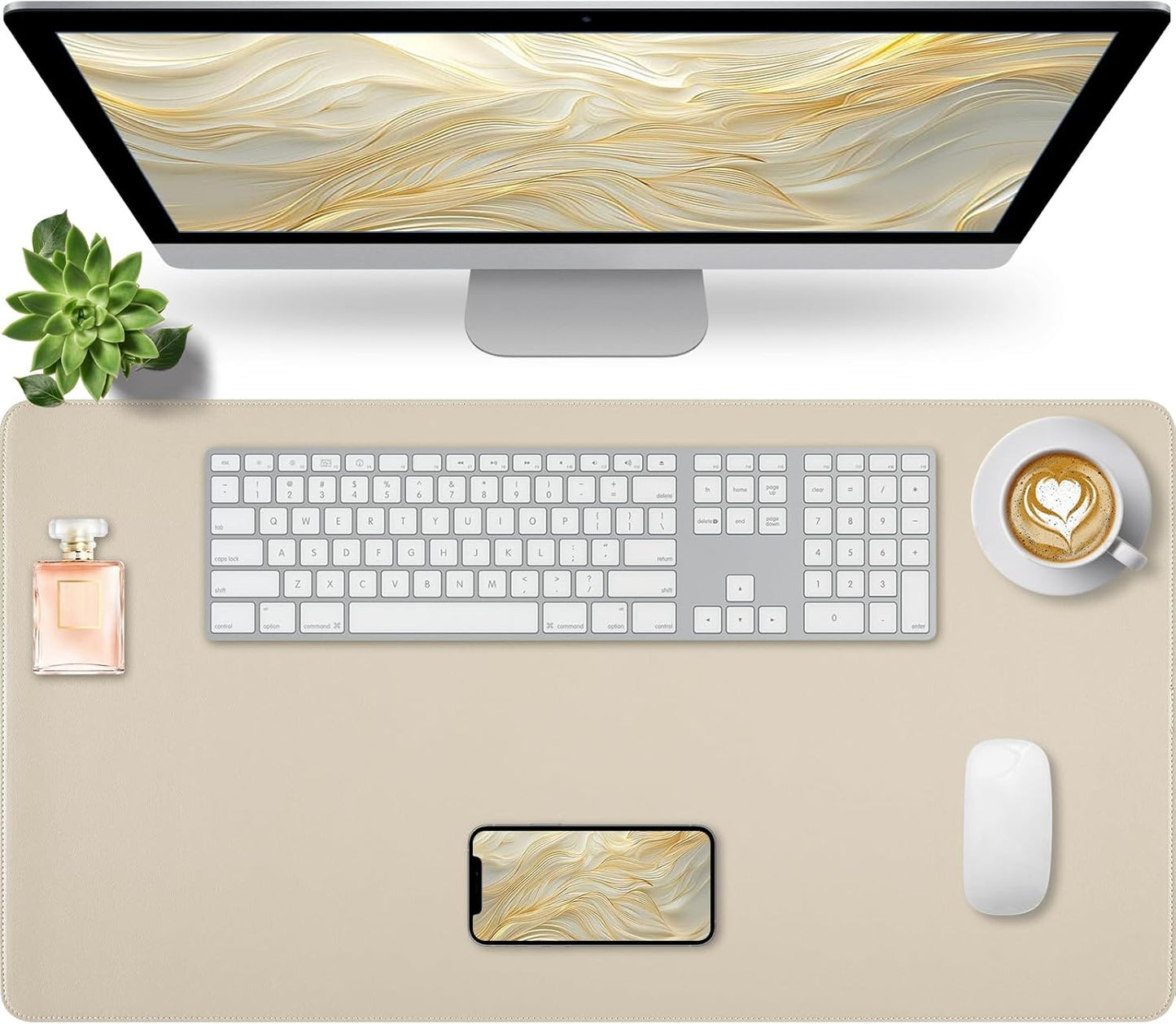 Beige Desk Mat with Stitched Edges, 31.5"×15.7" Keyboard Pad, Non-Slip Desk Protector Mat, Leather Desk Blotter, Waterproof Desk Pad for Office Home Decor